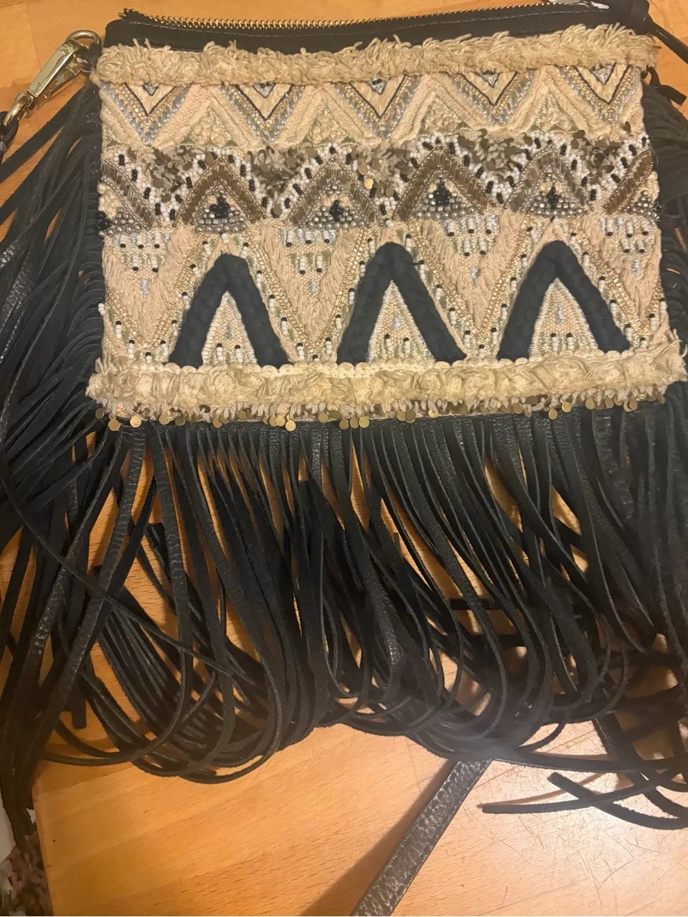 Rebecca Minkoff Boho Embellished Fringe Crossbody Bag in Black and Cream
